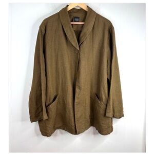 Eileen Fisher Woman 3X 100% Irish Linen Shawl Collar Blazer Jacket Olive Green